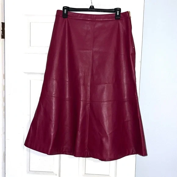 INC International Concepts Berry Burgundy Faux Leather Trumpet A-line Midi Skirt - Picture 3 of 12